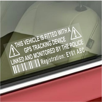 4 x Vehicle GPS Tracking Security Window Alarm Stickers - Registration Printed-Signs for Car,Van,Truck,Coach,Taxi,Mini Cab,Bus